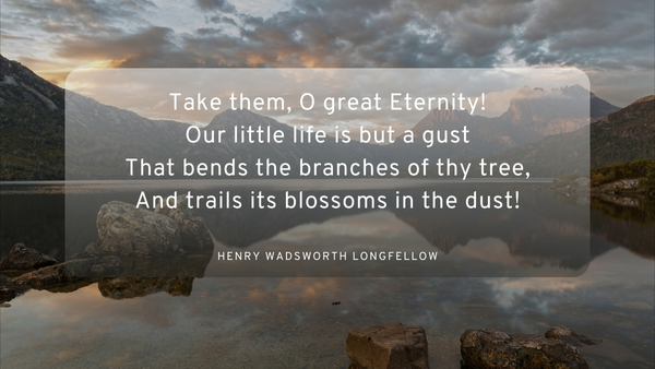 Take them, O great Eternity! Our little life is but a gust That bends the branches of thy tree, And trails its blossoms in the dust! , poem by Henry Wadsworth Longfellow