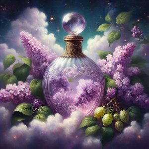 A medieval styled perfume bottle that exudes magic. The light purple cloud-like background is dotted with lilacs and gooseberries. realist oil painting style.