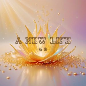 A new life 新生 - 綻放的金色蓮花沐浴在七彩的陽光下, 象徵美好的新生