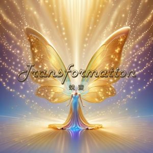 Transformation 蛻變 - 背上有金色翅膀的美女和向上的氣泡, 五彩光感顯示出破蛹而出的轉化過程