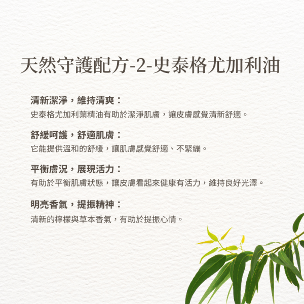 天然守護配方-2-史泰格尤加利油 清新潔淨，維持清爽： 史泰格尤加利葉精油有助於潔淨肌膚，讓皮膚感覺清新舒適。 舒緩呵護，舒適肌膚： 它能提供溫和的舒緩，讓肌膚感覺舒適、不緊繃。 平衡膚況，展現活力： 有助於平衡肌膚狀態，讓皮膚看起來健康有活力，維持良好光澤。 明亮香氣，提振精神： 清新的檸檬與草本香氣，有助於提振心情。