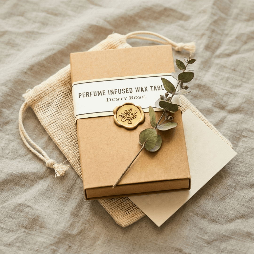 [奧圖玫瑰香氛蠟牌] 新品禮盒包裝特寫。質感牛皮紙盒搭配 Lil'Bit 金色封蠟章與乾燥尤加利葉，附贈純天然棉麻收納袋。澳洲手作的衣櫥擴香，聖誕交換禮物與伴手禮的首選推薦。