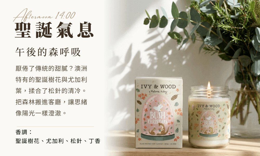 IVY&WOOD 聖誕氣息香氛蠟燭 (Bush Christmas),搭配澳洲尤加利葉與午後斑駁光影,散發澳洲森林芬多精的清新木質香調。