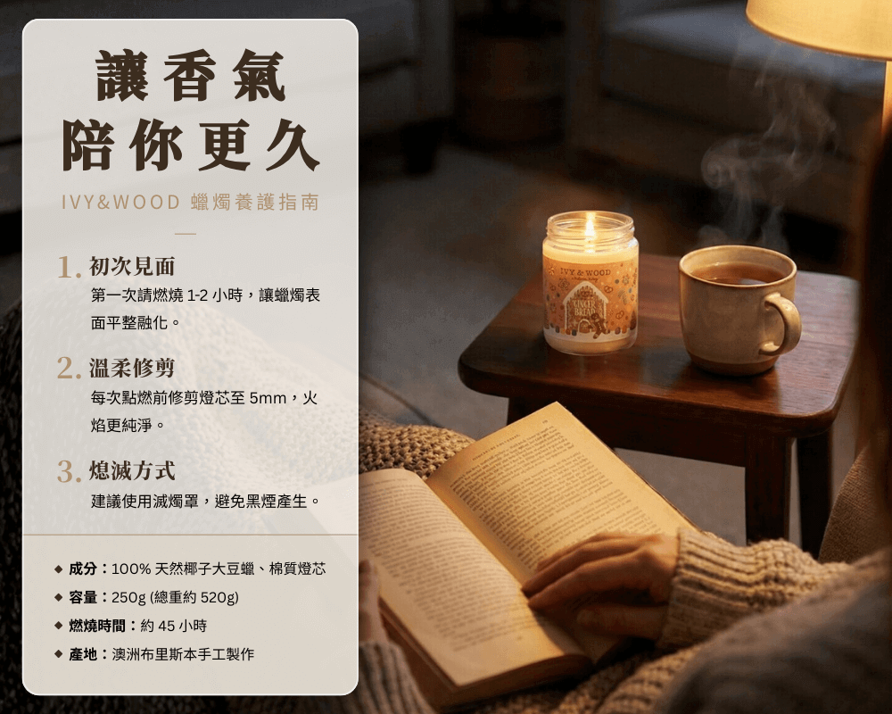 IVY&WOOD 香氛蠟燭養護指南與規格說明,包含修剪燈芯與熄滅方式教學,背景為舒適的沙發閱讀情境,強調天然椰子大豆蠟成分。