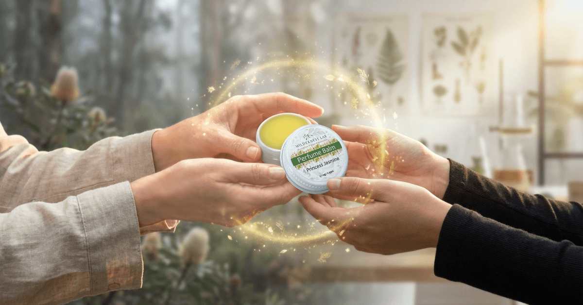 MUDITA 品牌故事：Wilderness Lab 的感性與理性傳承。 畫面中兩雙手交遞著天然香膏，金黃光暈象徵靈魂轉移，背景由左側的塔斯馬尼亞林境自然過渡至右側的墨爾本科學創意室。