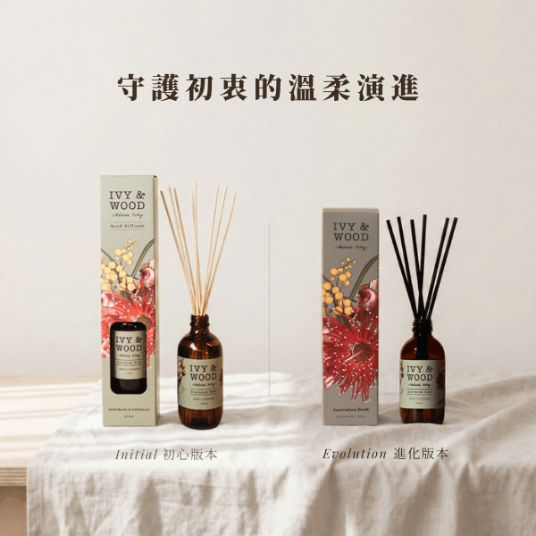 IVY & WOOD 十週年澳洲風情擴香新舊包裝對比圖：MUDITA 選物者分享從鏤空窗口設計（初心版）進化至更堅韌守護結構（進化版）的品牌歷程。