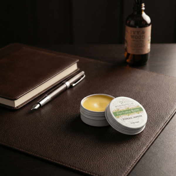 MUDITA 生活儀式導航：工作專注。喧囂中的靜謐角落，近景為打開的 Wilderness Lab 茉莉公主香膏，遠景為澳洲藍絲柏與茉莉擴香，透過木質穩定感為你劃出專注的心理邊界。