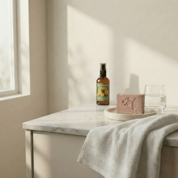 MUDITA 生活儀式導航：清晨喚醒。晨曦灑落的洗手檯，近景為 ANSC Pink Clay 粉紅泥手工皂，後方為 IVY & WOOD 檸檬草與鼠尾草室內噴霧，營造新起點的清透潔淨感。