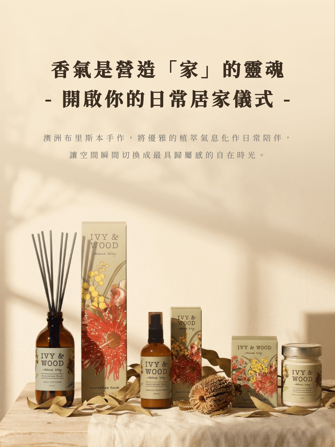 MUDITA 淬悅 IVY&WOOD 澳洲手作香氛手機版主視覺，特寫展示擴香瓶、香氛噴霧與天然大豆蠟燭，搭配溫暖晨光與葉影，強調將優雅植萃氣息化作日常陪伴，營造最具歸屬感的自在時光。