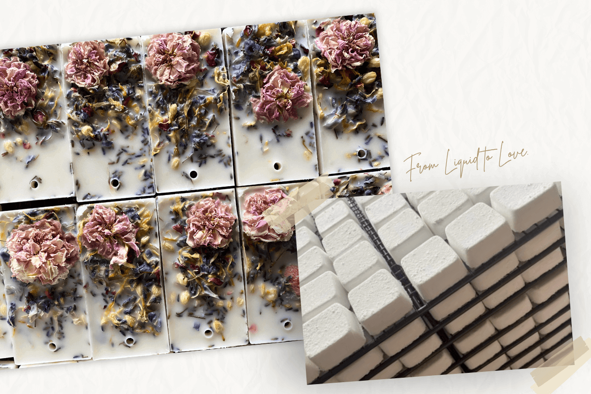 Lil'bit 手作過程紀錄：疊放展示澆鑄完成的奧圖玫瑰香氛蠟牌與整齊排列的小蘇打塊。紙質底圖搭配手寫感文字「From Liquid to Love」，體現職人從實驗中找尋生活溫度的嚴謹精神。