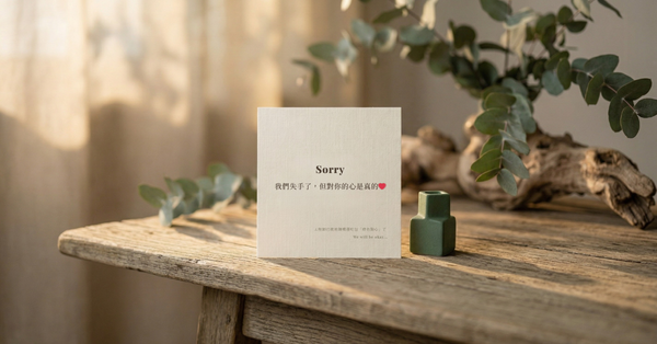 MUDITA 淬悅品牌公告：一張帶有亞麻質感的乳白色 (Cream) 卡片 ，印有「Sorry 我們失手了，但對你的心是真的」文字 。背景為溫暖的自然日照與木質桌面 ，營造出平靜、誠實且溫柔的品牌語調 。