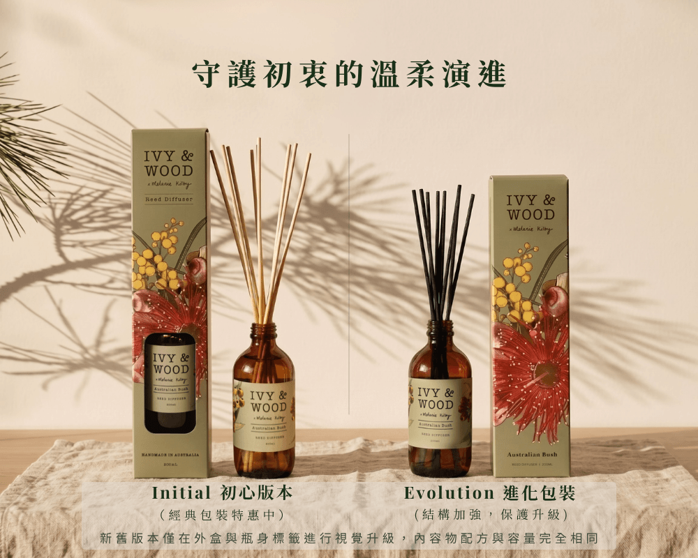 IVY & WOOD 原野精靈擴香瓶新舊包裝溫柔演進。水平對稱並列 Initial 初心版本與 Evolution 進化包裝，底部暖沙色半透明色塊標註安心承諾。