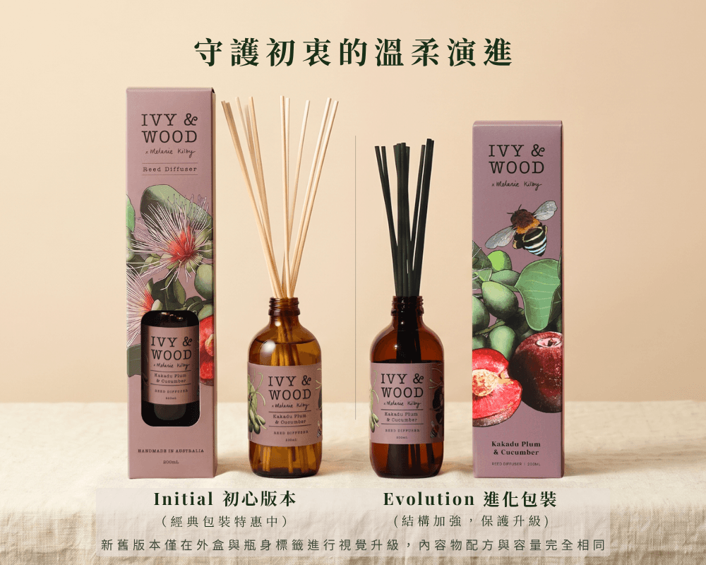 IVY & WOOD 卡卡杜李與青瓜擴香瓶新舊包裝對比圖。畫面水平並列呈現 Initial 初心版本經典包裝與 Evolution 進化包裝，底部灰色襯底文字提示新舊版本僅在外盒進行視覺升級，內容物配方與 200ml 容量完全相同。