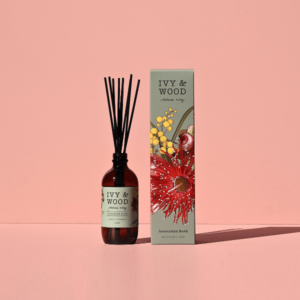 IVY & WOOD 澳洲風情系列原野精靈擴香瓶 600x600 方形商品主圖。畫面上全新煙燻粉綠叢林插畫外盒與琥珀玻璃瓶身在暖沙色檯面上優雅並列。以檸檬香桃木、尤加利與檀香的草本木質香調，為都會公寓帶來純淨安定的居家空間陪伴。