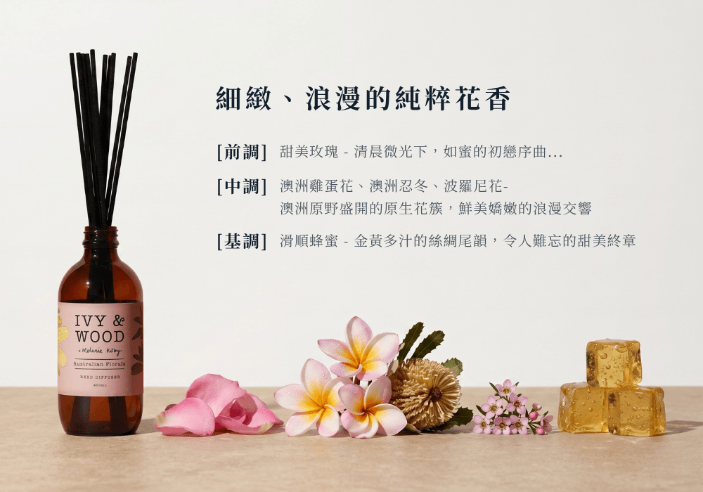 IVY & WOOD 花海秘境室內擴香瓶三段香氣層次解構：前調甜美玫瑰、中調澳洲雞蛋花與珍稀波羅尼花、基調金黃多汁滑順蜂蜜結晶