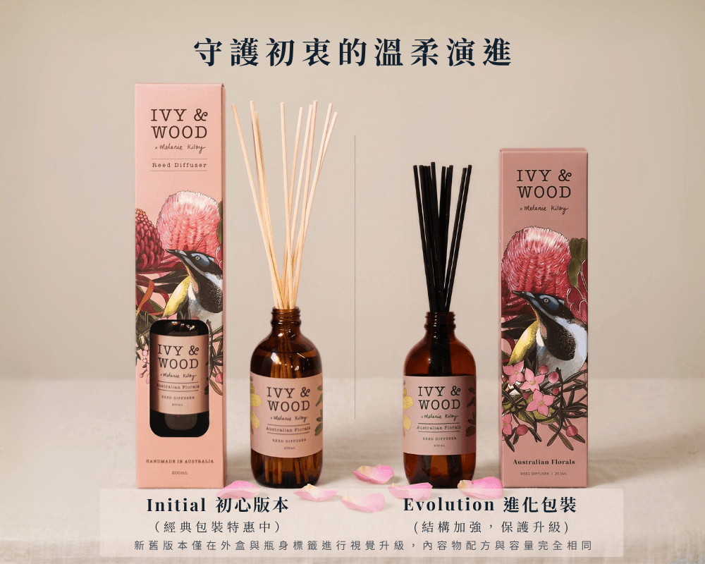 IVY & WOOD 室內擴香瓶 Initial 初心版本與 Evolution 進化包裝結構加強對比，承諾內容物複方精油配方與容量完全相同