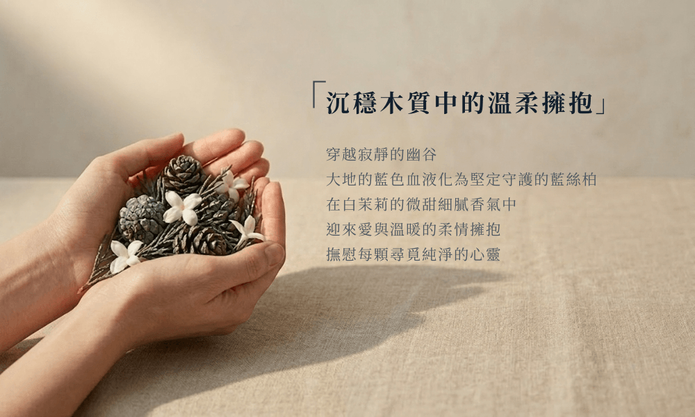 都會都會靜奢風電影感微距特寫，一雙修長裸甲的手溫柔呵護捧起大自然乾燥藍絲柏針葉、松果與純淨細膩白茉莉花瓣的感官通感畫面