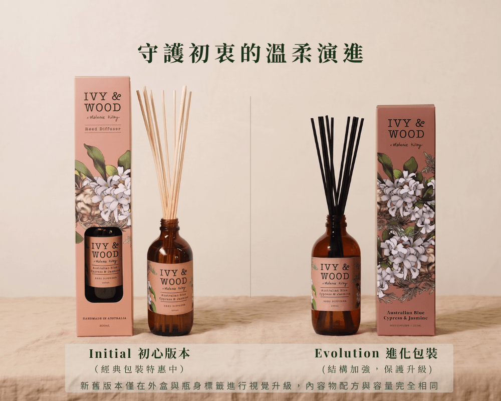 IVY & WOOD 擴香瓶新舊版本外盒與瓶身標籤視覺升級對比，Initial初心版本與Evolution進化包裝的垂直中軸線絕對對稱擺位圖