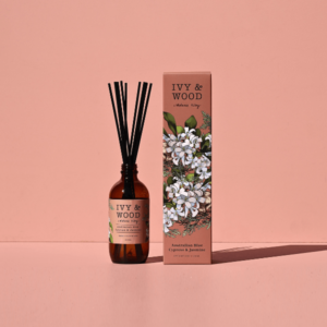 IVY & WOOD 澳洲藍絲柏與茉莉擴香瓶 200ml，初心版本與進化包裝外盒之垂直中軸線對稱並列工藝照