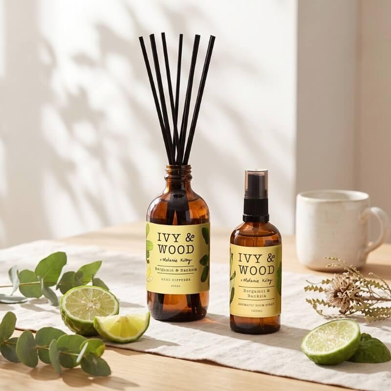 澳洲手作香氛 IVY & WOOD 佛手柑與澳洲忍冬（Bergamot & Banksia）：室內竹枝擴香瓶與空間噴霧，晨曦活力微酸柑橘果香調