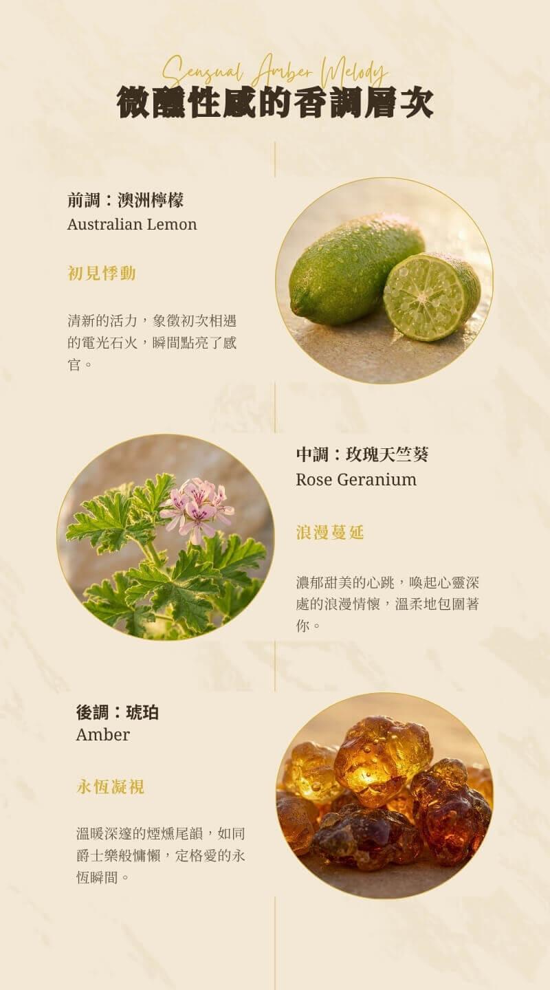 琥珀香吻固體香膏香調解析：微醺性感的香調層次。前調澳洲檸檬初見悸動清新活力、中調玫瑰天竺葵浪漫蔓延溫柔包圍、後調琥珀永恆凝視深邃爵士慵懶，100% 天然植物精油調配