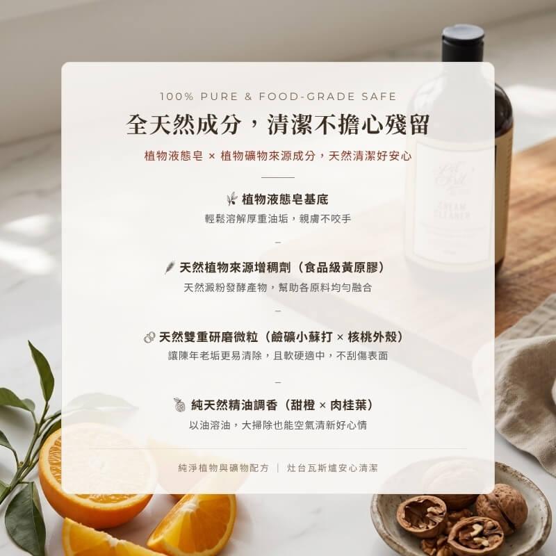Lil'Bit 萬用清潔乳全成分透明安心卡：濃縮植物液態皂基底深入溶解厚重油垢不咬手、天然澱粉發酵食品級黃原膠增稠滑順、懷俄明天然鹼礦小蘇打結合 ACO 認證核桃外殼細粉雙重微粒柔韌去垢不刮傷表面、甜橙與肉桂葉純精油調香，灶台瓦斯爐安心清潔不擔心污染食材。
