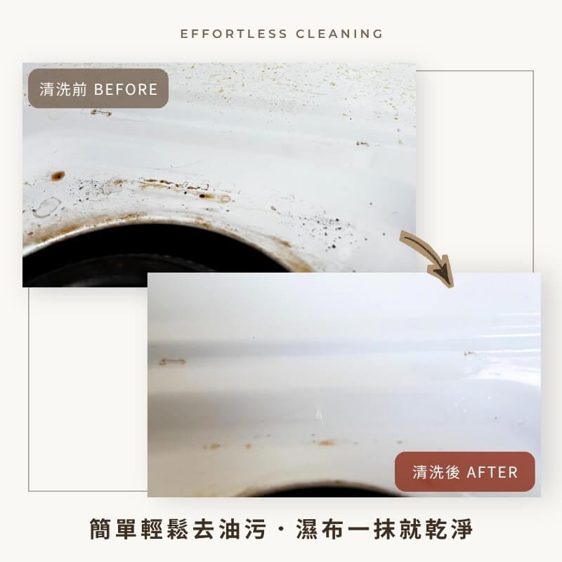 瓦斯爐油垢清潔實測前後對比|簡單輕鬆去油污・濕布一抹就乾淨 澳洲 Lil'Bit 萬用清潔乳廚房去油實測:瓦斯爐台厚重噴濺黃油斑清洗前與清洗後 Before After 對照。植物純皂深入乳化油垢,細緻微泡好收拾,濕布一抹即淨不需大量沖水,檯面清爽不殘留。