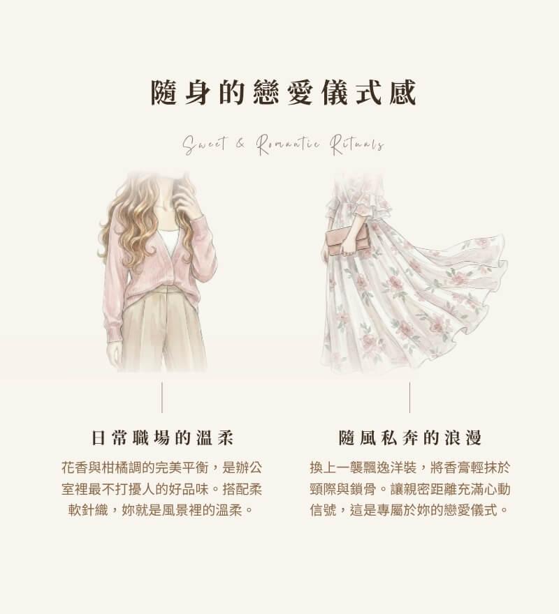 花夢香露隨身戀愛儀式感：日常職場溫柔針織穿搭，花香與柑橘調不打擾人的好品味；換上飄逸洋裝輕抹頸際鎖骨，展現專屬浪漫心動信號